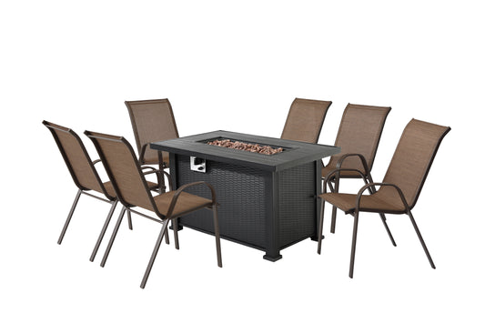 7-Pieces Patio Dining Fire Pit Set - Brown