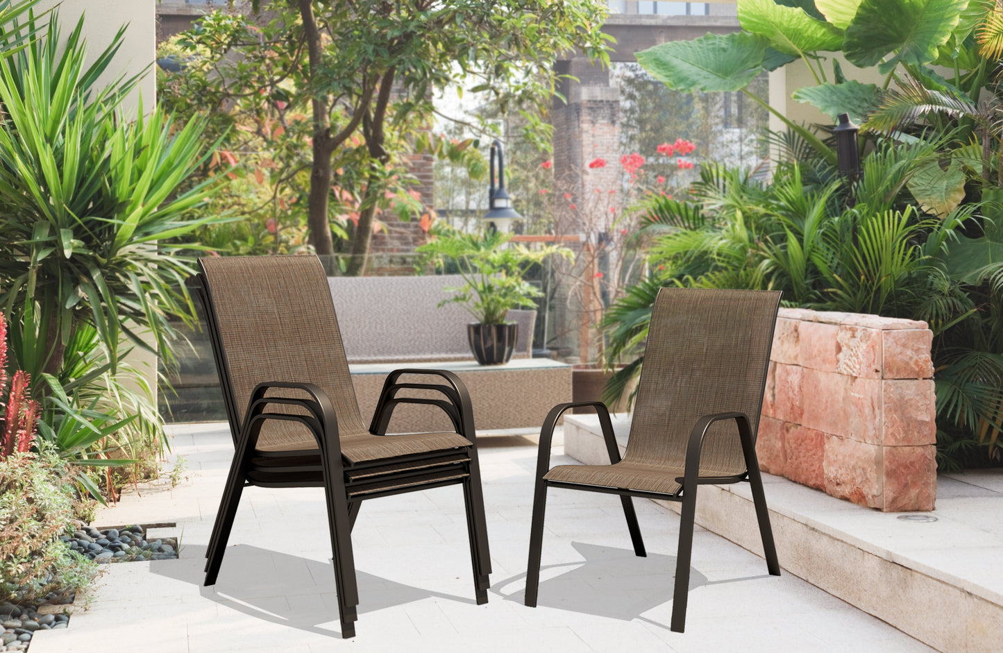 Stacking Patio Dining Armchair Set - Brown