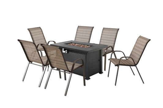 7-Pieces Patio Dining Fire Pit Set - Wavy Brown